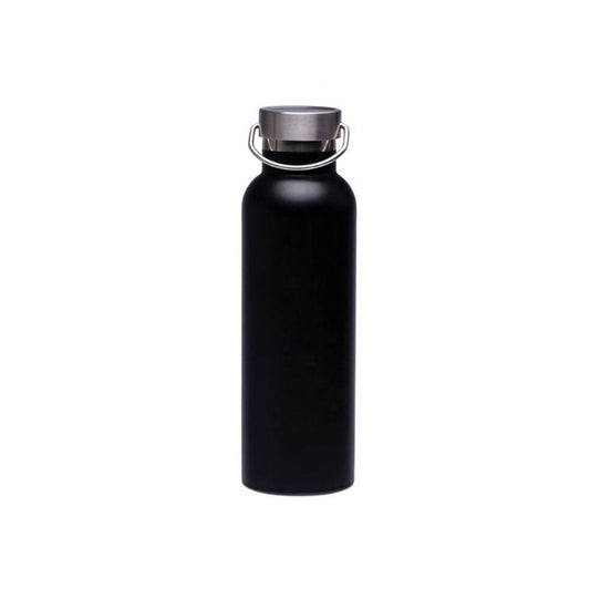 Botella de acero negra de 750 ml con tapón de acero y asa